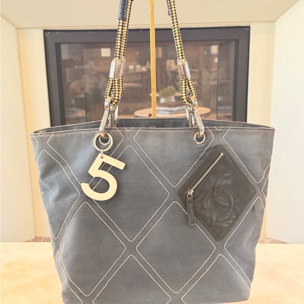 CHANEL Gray Quilted Tote with Charm